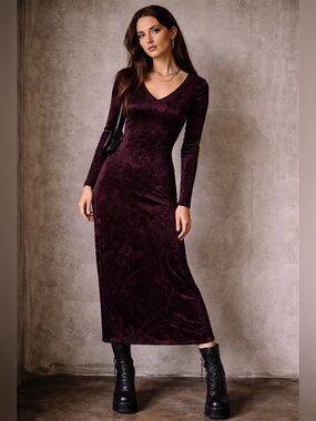 Vintage Rhapsody Burnout Velvet Midi Dress Size 8 Plum 90s Minimalist